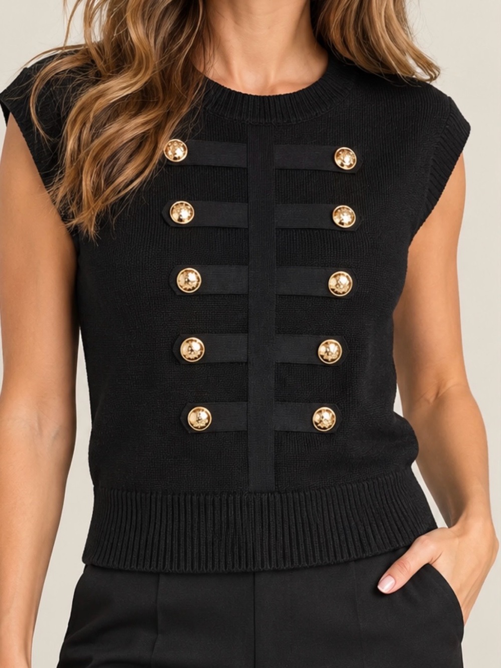 Commense Women's Black Military-Button Sweater Knit Top Size Med NWOT